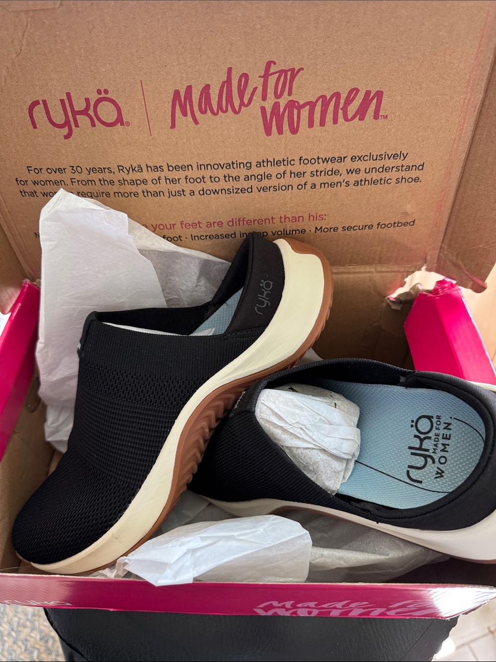 Ryka Black Slip-On Knit Sneakers with White and tan sole